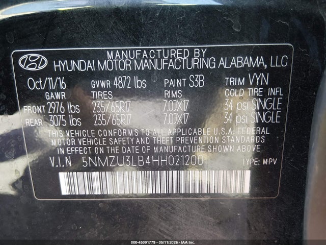 2017 Hyundai Santa Fe Sport 2.4l მანქანა იყიდება აუქციონზე, vin: 5NMZU3LB4HH021200, აუქციონის ნომერი: 45091779