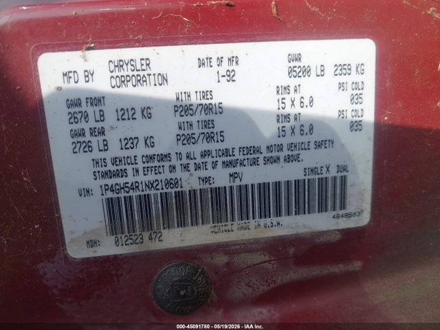 Продажа на аукционе авто 1992 Plymouth Grand Voyager Le, vin: 1P4GH54R1NX210601, номер лота: 45091780