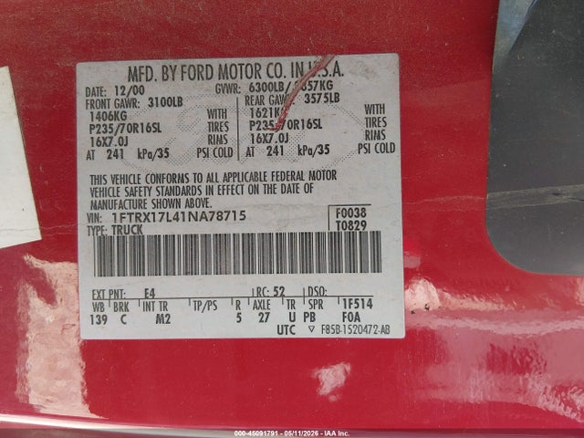 Продажа на аукционе авто 2001 Ford F-150 Lariat/xl/xlt, vin: 1FTRX17L41NA78715, номер лота: 45091791