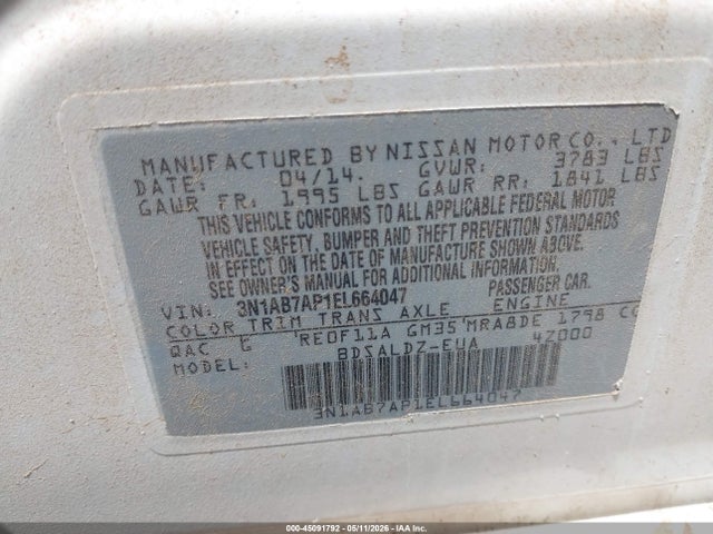 Продаж на аукціоні авто 2014 Nissan Sentra Fe+ S/fe+ Sv/s/sl/sr/sv, vin: 3N1AB7AP1EL664047, номер лоту: 45091792