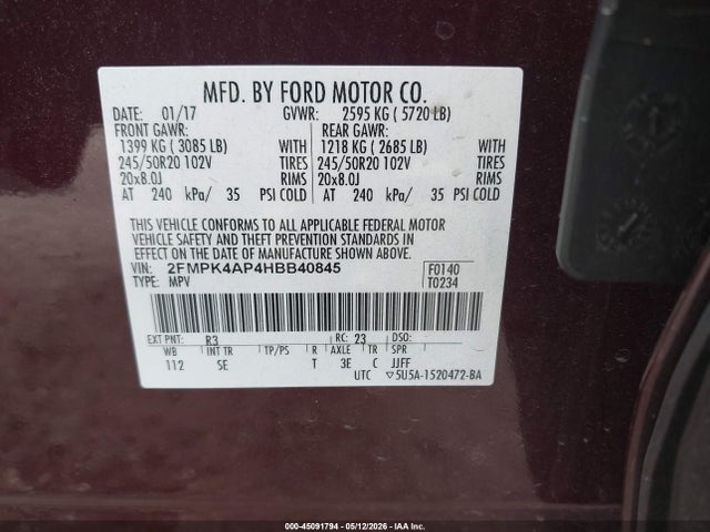 Aukcja sprzedaży 2017 Ford Edge Sport, vin: 2FMPK4AP4HBB40845, numer aukcji: 45091794