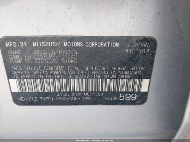 Auction sale of the 2015 Mitsubishi Lancer Es, vin: JA32U2FUXFU014300, lot number: 45091811