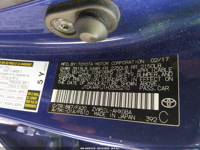 Aukcja sprzedaży 2017 Toyota Prius Three, vin: JTDKARFU1H3535210, numer aukcji: 45091816