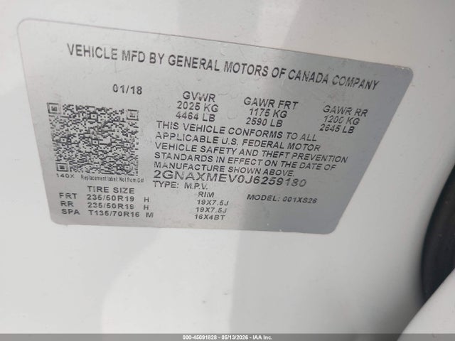 Aukcja sprzedaży 2018 Chevrolet Equinox Premier, vin: 2GNAXMEV0J6259180, numer aukcji: 45091828