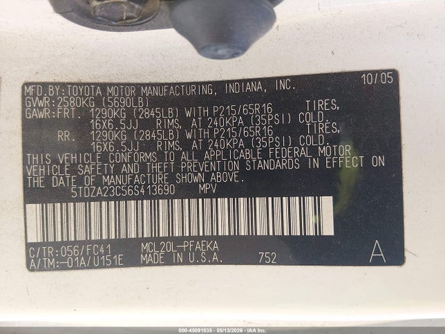 Продаж на аукціоні авто 2006 Toyota Sienna Le, vin: 5TDZA23C56S413690, номер лоту: 45091835