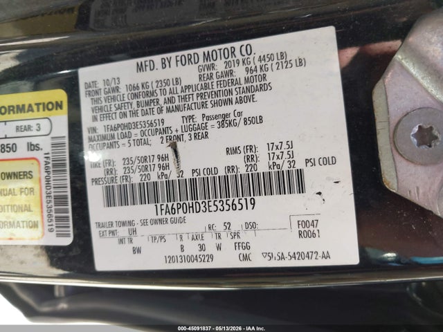 45091837 :رقم المزاد ، 1FA6P0HD3E5356519 vin ، 2014 Ford Fusion Se مزاد بيع