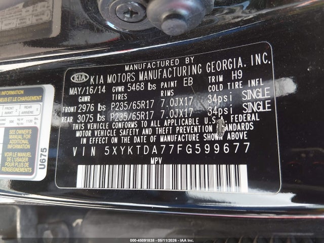 Продаж на аукціоні авто 2015 Kia Sorento Lx V6, vin: 5XYKTDA77FG599677, номер лоту: 45091838
