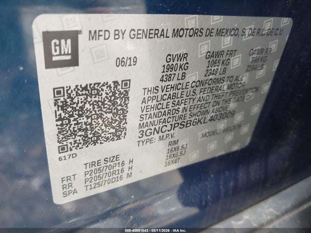 2019 Chevrolet Trax Lt მანქანა იყიდება აუქციონზე, vin: 3GNCJPSB6KL403009, აუქციონის ნომერი: 45091843