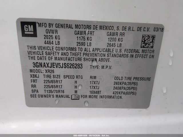 Продаж на аукціоні авто 2018 Chevrolet Equinox Lt, vin: 3GNAXJEV5JS626283, номер лоту: 45091859