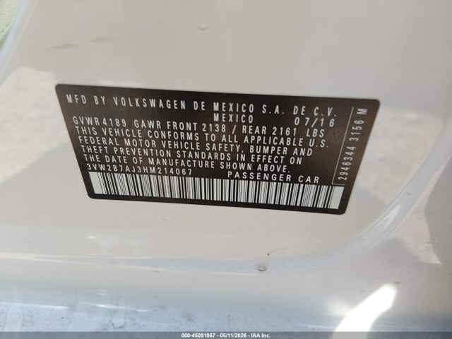 Продажа на аукционе авто 2017 Volkswagen Jetta 1.4t S, vin: 3VW2B7AJ3HM214067, номер лота: 45091867