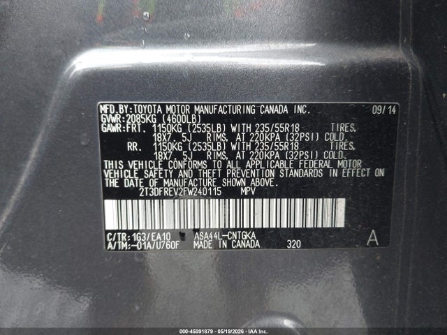 Aukcja sprzedaży 2015 Toyota Rav4 Limited, vin: 2T3DFREV2FW240115, numer aukcji: 45091879