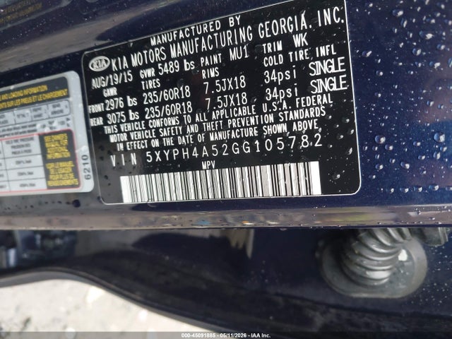 45091885 :رقم المزاد ، 5XYPH4A52GG105782 vin ، 2016 Kia Sorento 3.3l Ex مزاد بيع