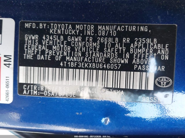 45091892 :رقم المزاد ، 4T1BF3EKXBU646057 vin ، 2011 Toyota Camry Le مزاد بيع