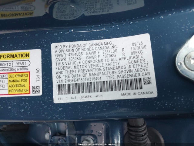45091893 :رقم المزاد ، 2HGFE4F80TH316404 vin ، 2026 Honda Civic Hybrid Sport/sport Touring مزاد بيع