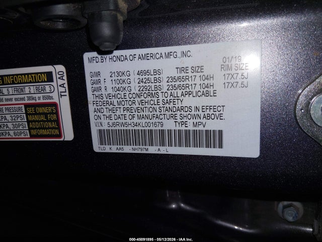 Продаж на аукціоні авто 2019 Honda Cr-v Lx, vin: 5J6RW5H34KL001679, номер лоту: 45091895