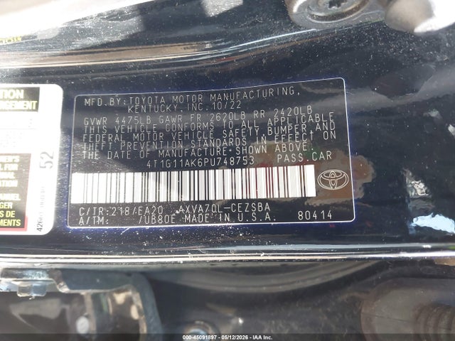 2023 Toyota Camry Se მანქანა იყიდება აუქციონზე, vin: 4T1G11AK6PU748753, აუქციონის ნომერი: 45091897