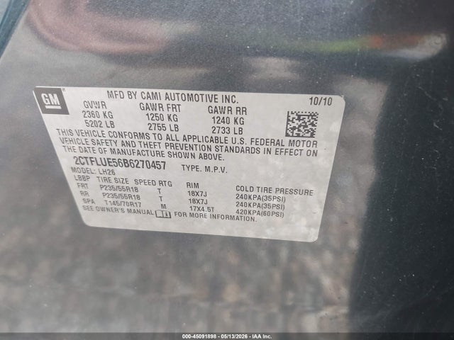 Aukcja sprzedaży 2011 Gmc Terrain Slt-1, vin: 2CTFLUE56B6270457, numer aukcji: 45091898