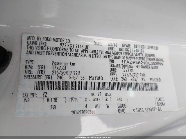 Продажа на аукционе авто 2016 Ford Focus Se, vin: 1FADP3K21GL302599, номер лота: 45091910