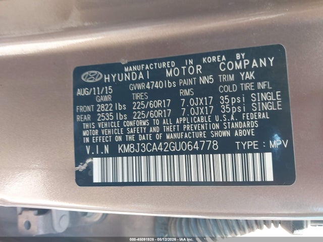 Aukcja sprzedaży 2016 Hyundai Tucson Se, vin: KM8J3CA42GU064778, numer aukcji: 45091928