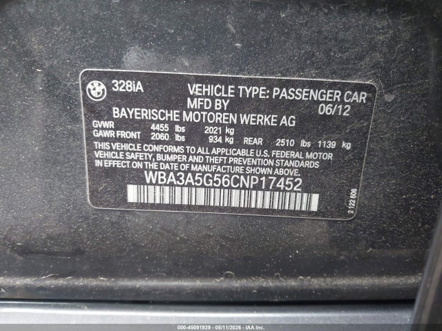 Продаж на аукціоні авто 2012 Bmw 328i, vin: WBA3A5G56CNP17452, номер лоту: 45091929