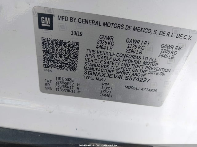 Aukcja sprzedaży 2020 Chevrolet Equinox Fwd 2fl, vin: 3GNAXJEV4LS574227, numer aukcji: 45091938