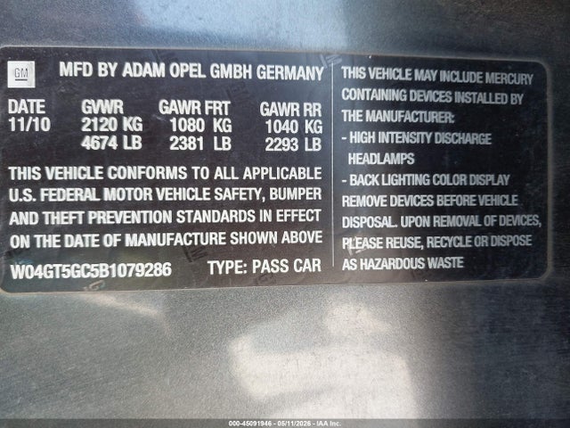 Aukcja sprzedaży 2011 Buick Regal Cxl Russelsheim, vin: W04GT5GC5B1079286, numer aukcji: 45091946