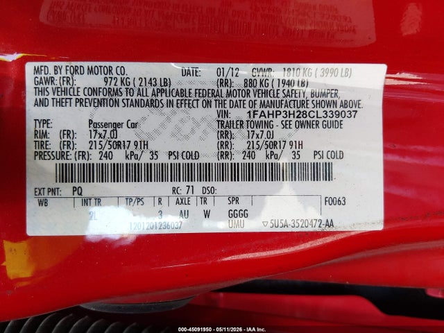 Aukcja sprzedaży 2012 Ford Focus Sel, vin: 1FAHP3H28CL339037, numer aukcji: 45091950
