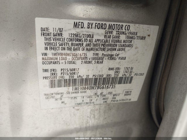 Продаж на аукціоні авто 2008 Mercury Sable, vin: 1MEHM40W78G616735, номер лоту: 45091953