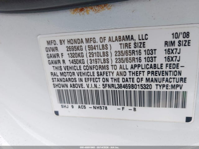 45091965 :رقم المزاد ، 5FNRL38469B015320 vin ، 2009 Honda Odyssey Ex مزاد بيع