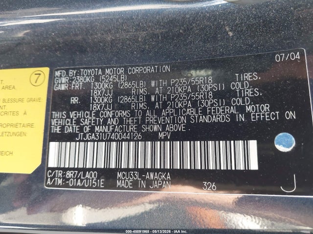 45091968 :رقم المزاد ، JTJGA31U740044126 vin ، 2004 Lexus Rx 330 مزاد بيع