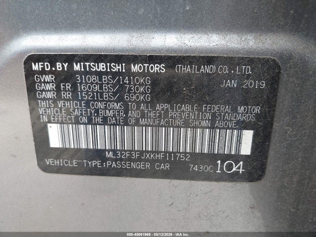 Продаж на аукціоні авто 2019 Mitsubishi Mirage G4 Es, vin: ML32F3FJXKHF11752, номер лоту: 45091969
