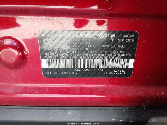 Aukcja sprzedaży 2020 Mitsubishi Eclipse Cross Es 1.5t Awc, vin: JA4AT3AA5LZ021554, numer aukcji: 45091974