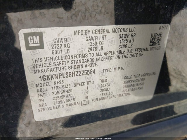 Aukcja sprzedaży 2017 Gmc Acadia Denali, vin: 1GKKNPLS8HZ225584, numer aukcji: 45091975