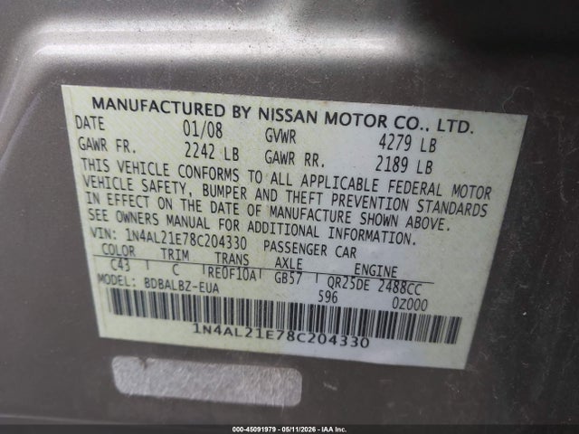 Aukcja sprzedaży 2008 Nissan Altima 2.5 S, vin: 1N4AL21E78C204330, numer aukcji: 45091979