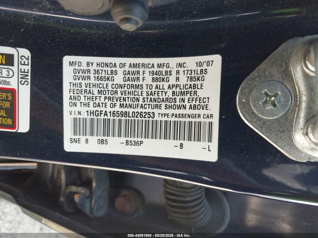 Aukcja sprzedaży 2008 Honda Civic Lx, vin: 1HGFA16598L026253, numer aukcji: 45091980