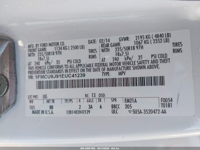 45091982 :رقم المزاد ، 1FMCU9J91EUC41239 vin ، 2014 Ford Escape Titanium مزاد بيع