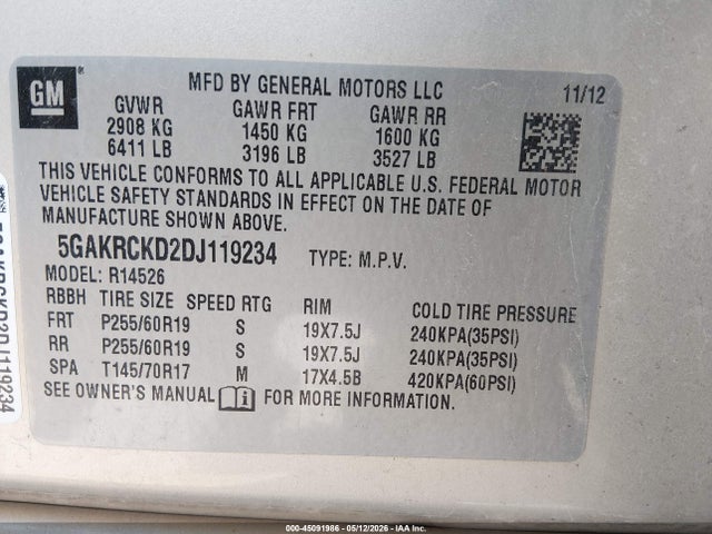 Продаж на аукціоні авто 2013 Buick Enclave Leather, vin: 5GAKRCKD2DJ119234, номер лоту: 45091986