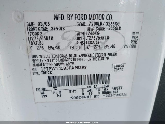 Aukcja sprzedaży 2005 Ford F-150 Fx4/lariat/xlt, vin: 1FTPW14585FA98398, numer aukcji: 45092010