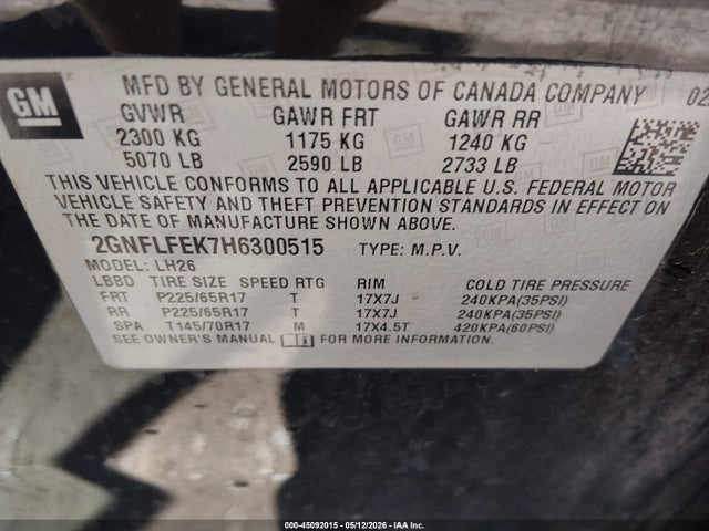 2GNFLFEK7H6300515 Chevrolet EQUINOX LT