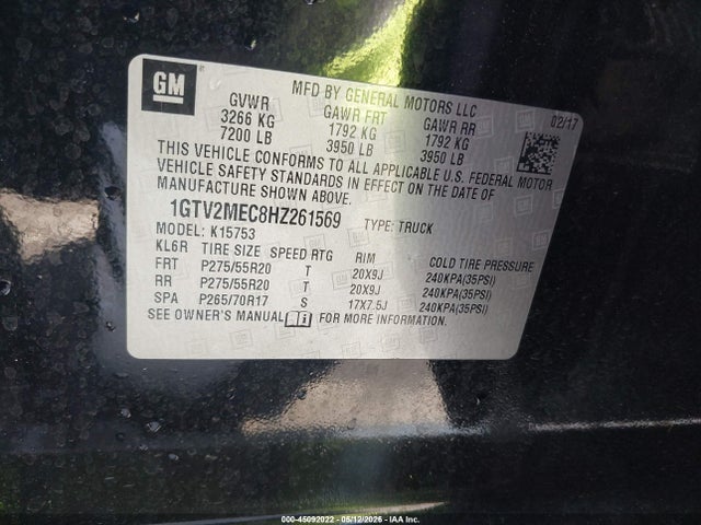 2017 Gmc Sierra 1500 Sle მანქანა იყიდება აუქციონზე, vin: 1GTV2MEC8HZ261569, აუქციონის ნომერი: 45092022