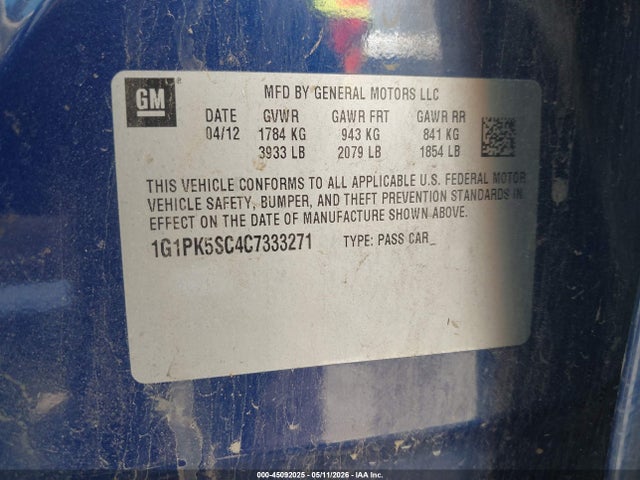 Продажа на аукционе авто 2012 Chevrolet Cruze Eco, vin: 1G1PK5SC4C7333271, номер лота: 45092025