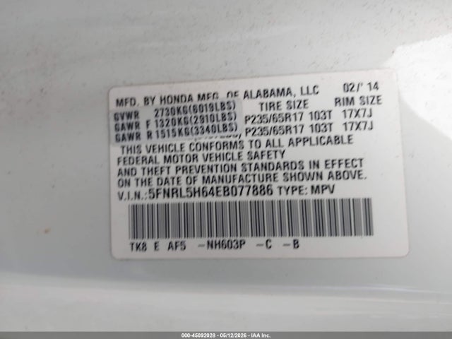 5FNRL5H64EB077886 Honda Odyssey Ex-l
