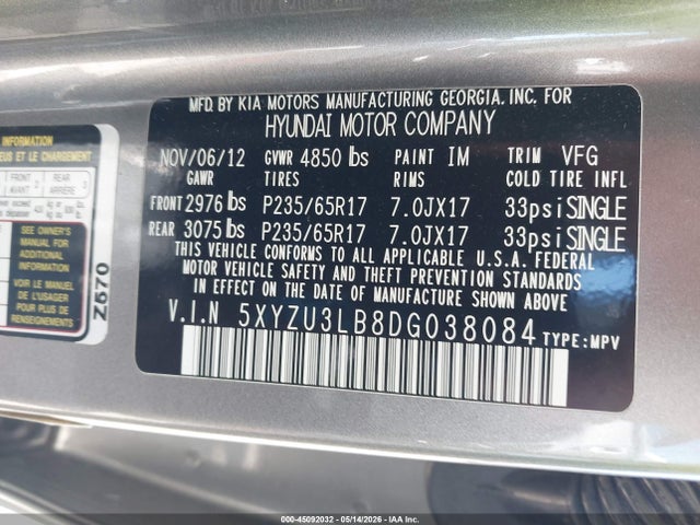 Aukcja sprzedaży 2013 Hyundai Santa Fe Sport, vin: 5XYZU3LB8DG038084, numer aukcji: 45092032