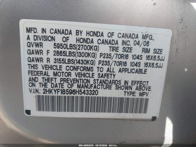 Aukcja sprzedaży 2006 Honda Pilot Ex-l, vin: 2HKYF18596H543320, numer aukcji: 45092036