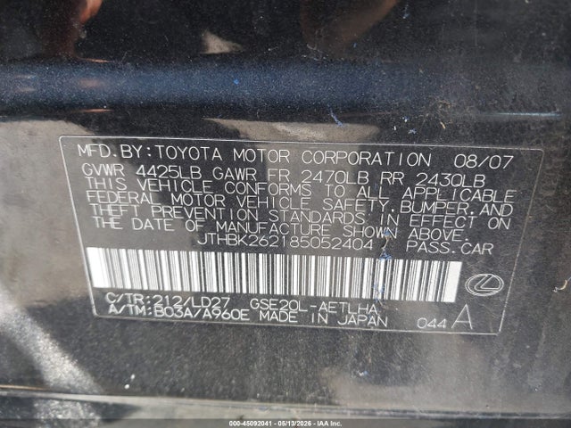 Aukcja sprzedaży 2008 Lexus Is 250, vin: JTHBK262185052404, numer aukcji: 45092041