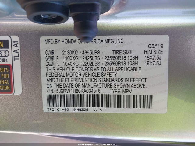 Продажа на аукционе авто 2019 Honda Cr-v Ex-l, vin: 5J6RW1H80KA034016, номер лота: 45092046