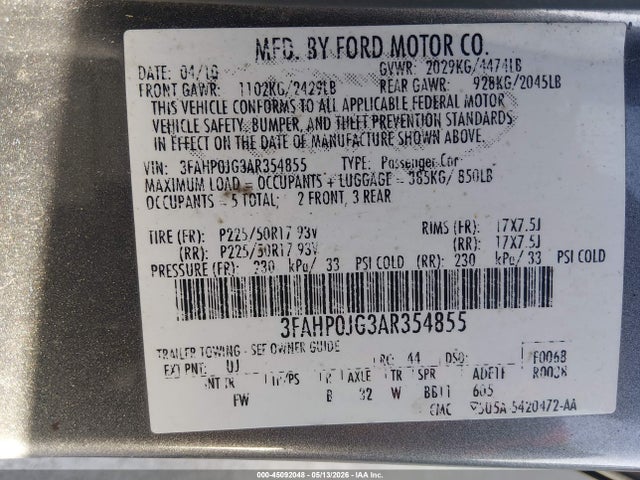 Продажа на аукционе авто 2010 Ford Fusion Sel, vin: 3FAHP0JG3AR354855, номер лота: 45092048