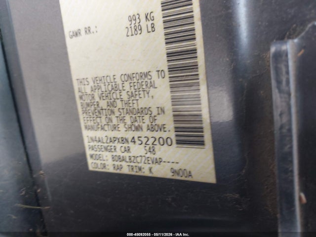 2011 Nissan Altima 2.5 S მანქანა იყიდება აუქციონზე, vin: 1N4AL2APXBN452200, აუქციონის ნომერი: 45092055