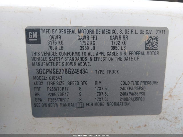 45092057 :رقم المزاد ، 3GCPKSE37BG249434 vin ، 2011 Chevrolet Silverado 1500 Lt مزاد بيع