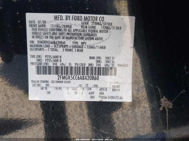 2010 Ford Flex Sel მანქანა იყიდება აუქციონზე, vin: 2FMGK5CC6ABA20860, აუქციონის ნომერი: 45092067